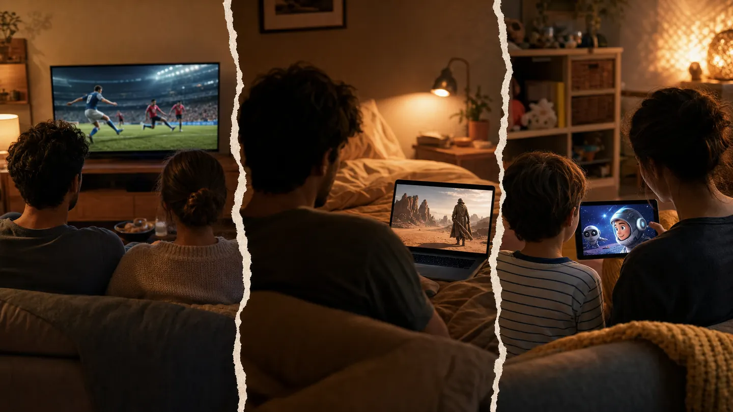 Three rooms in one home watching a match, a film and a kids programme