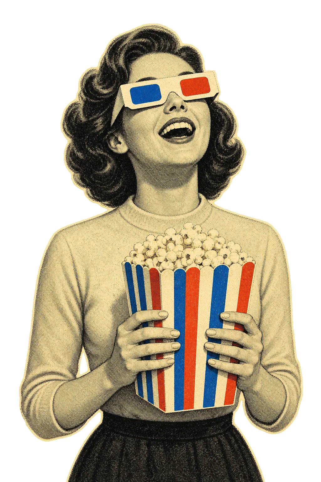 Film fan wearing 3D glasses and holding popcorn