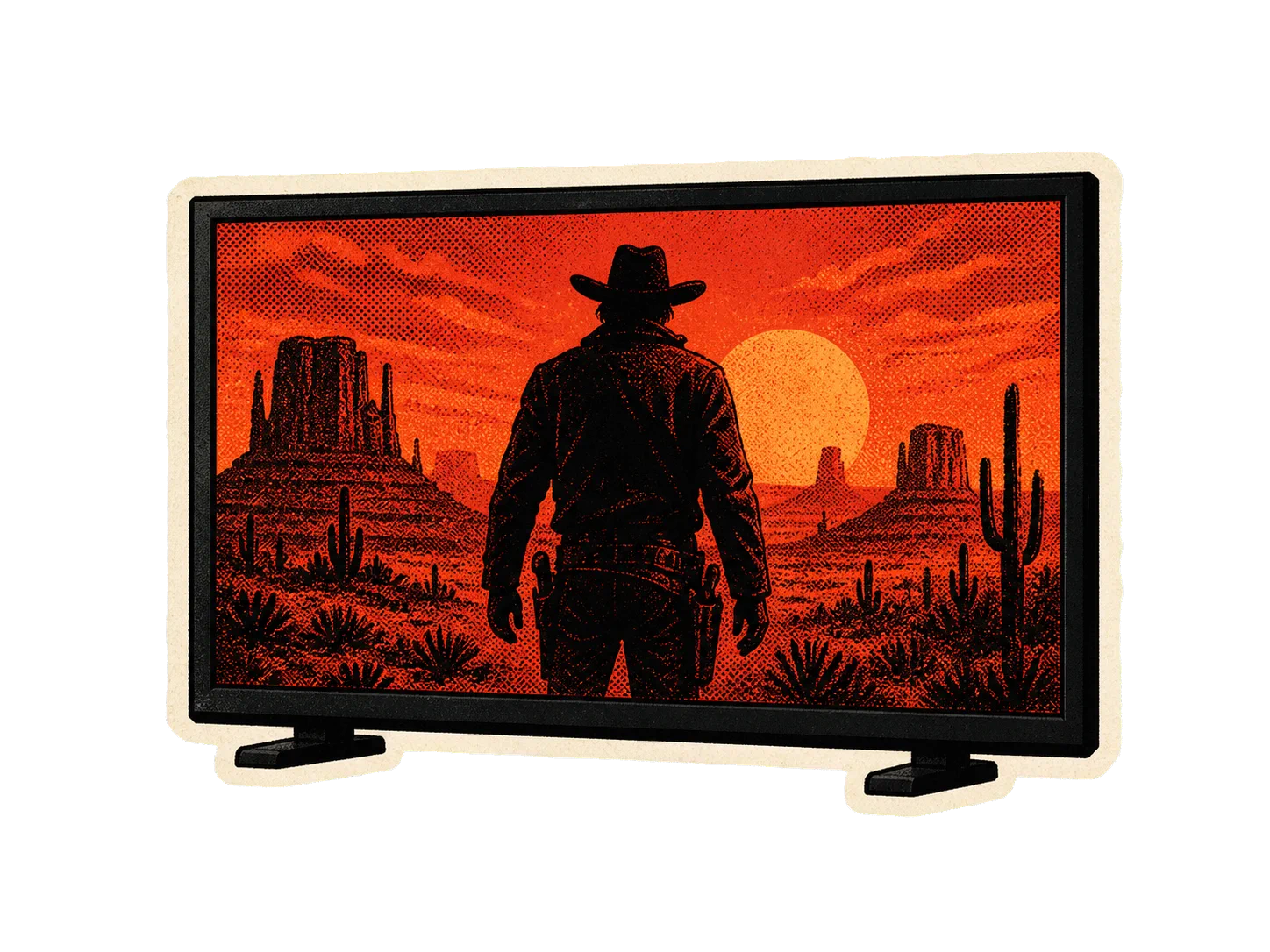 Television showing an original western scene