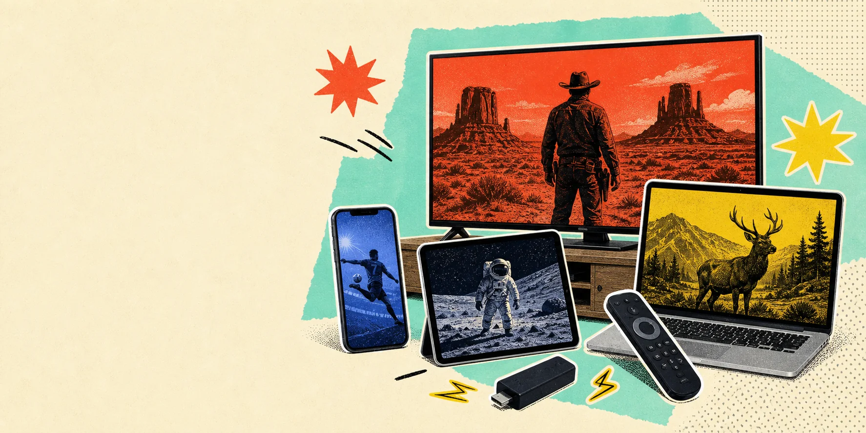 Television, phone, tablet, laptop and TV box in a TellyPal collage