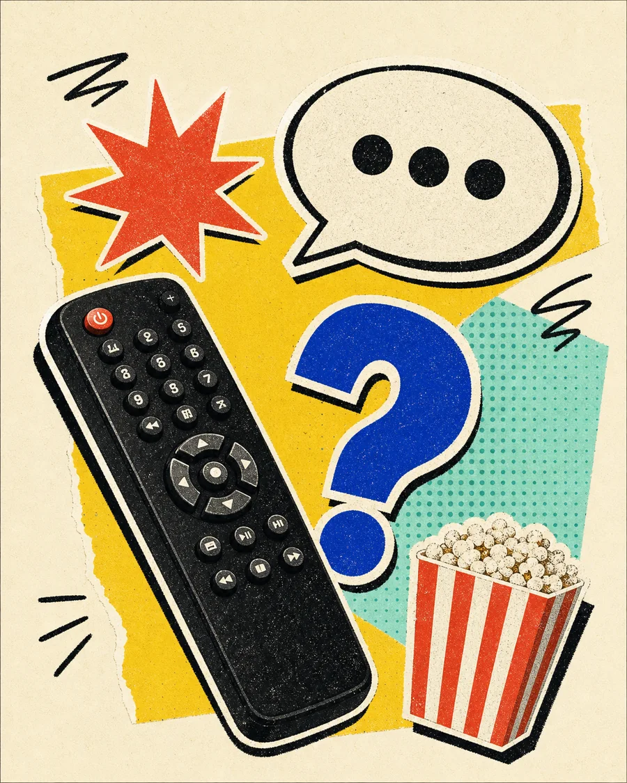 Remote control, chat bubble, question mark and popcorn
