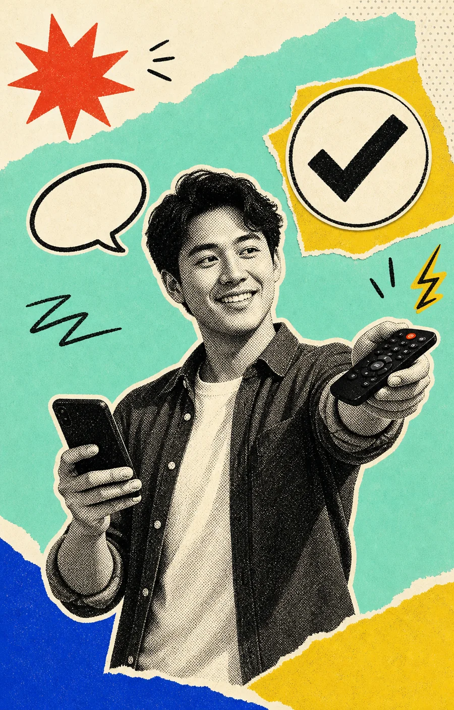 Person using a phone and TV remote during guided setup