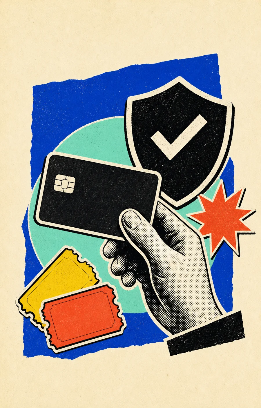 Payment card, guarantee shield and banknotes in a collage